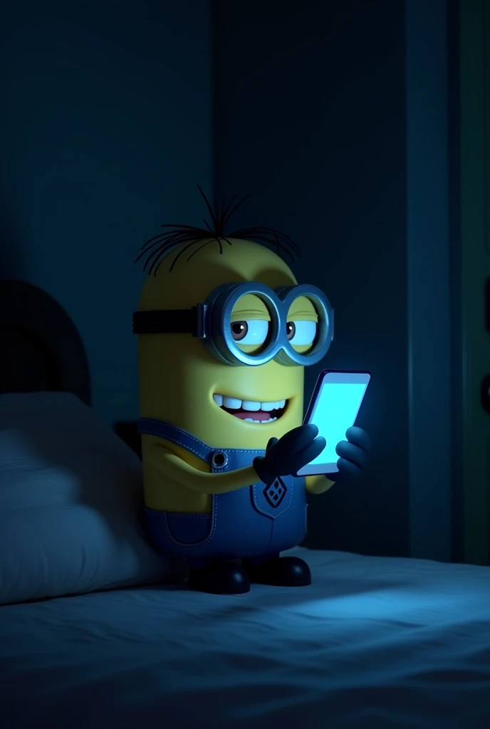 Minion awake checking his cell phone with the lights off
