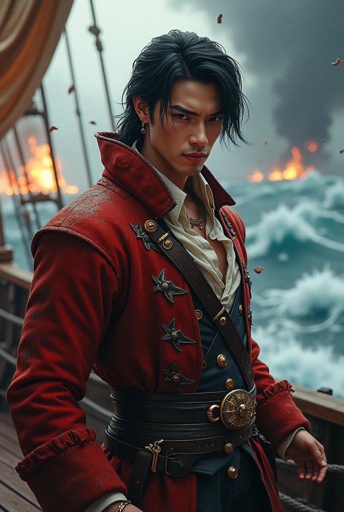 ((best quality:1.3)), ((masterpiece:1.3)), ((detailed background:1.3)), ((detailed face:1.3)), (Highly detailed face:1.2), (1 person, Handsome muscular young Asian man:1.2), (A happy smile: 1.3), (Natural look:1.3), (A lively smile:1.3),Single eyelid, Black Hair, Straight hair, (Overall view of a pirate ship:1.3), skin, Character Focus, Portraiture, View your viewers, alone, Upper Body, Detailed Background, sinister smile, Those who cannot, Rich pirate captain costume, Tattoo, Dark Fantasy Theme, (((Detailed Pirate Ship:1.3))), wooden deck of a ship, cannon, gunpowder, Flintlock pistol type, flying debris, pirate battle, Maelstrom, Dark Storm, it's raining, Tropical Beach, pirate hideout, dock, camp, Palm tree, sand, peaceful, sun, Loot, azimuth magnetic needle, treasure,Photon Mapping,High Contrast,Glitter