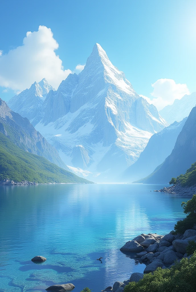 Help create a picture of mountains and sea with clear skies.