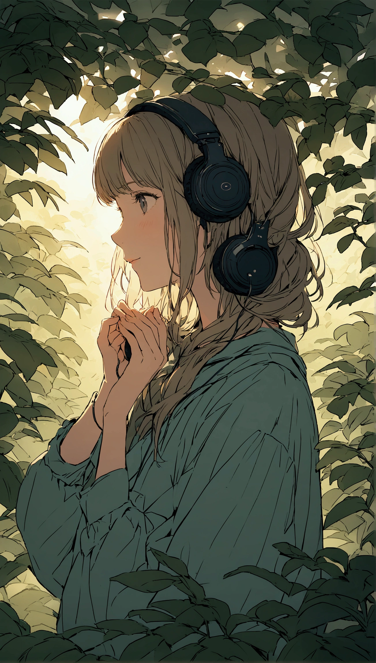 For the image, You could also feature a stylized illustration or a photo of a girl enjoying music., Put on your headphones, Soft lighting and a tranquil outdoor atmosphere、Surrounded by a calm atmosphere、Clean your hands、front、
