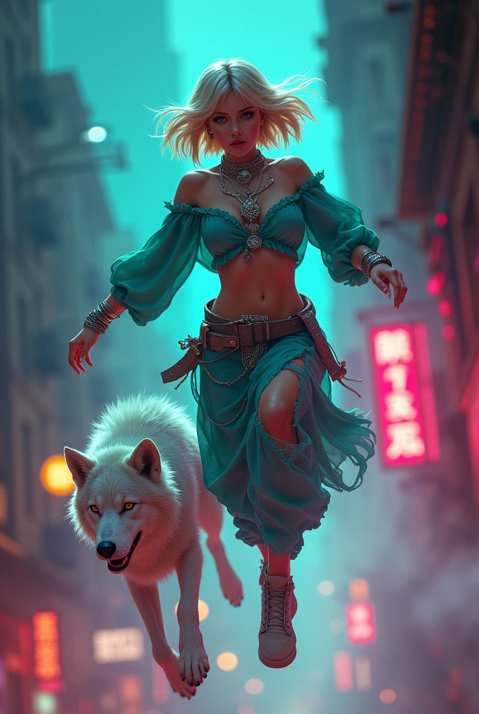 ultra-detailed, realistic, 4k, masterpiece:1.2, highres, vivid colors, bokeh, professional, HDR, sharp focus, studio lighting, ultra-fine painting, physically-based rendering, full lips, pronounced feminine feature, busty, woman A render of a fearless fighter, a boho woman with a A beautiful Blonde woman with short Choppy Bob hair styles, leaping between neon-lit rooftops. Her teal-colored top with elaborate Celtic patterns and intricate silver jewelry glimmers in the city lights. A large, ethereal wolf with striking white fur and glowing orange markings, known as Button, is her companion. The gritty graffiti punk backdrop adds to the urban decay and vibrant graffiti, creating a visually striking contrast. Swirling smoke envelops the chase, adding dynamism and mystery to this electrifying pursuit. The fusion of fashion, illustration, and dark fantasy creates an intense, rebellious vibe, charged with creative energy., photo, vibrant, illustration