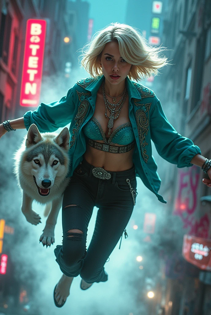 ultra-detailed, realistic, 4k, masterpiece:1.2, highres, vivid colors, bokeh, professional, HDR, sharp focus, studio lighting, ultra-fine painting, physically-based rendering, full lips, pronounced feminine feature, busty, woman A render of a fearless fighter, a boho woman with a A beautiful Blonde woman with short Choppy Bob hair styles, leaping between neon-lit rooftops. Her teal-colored top with elaborate Celtic patterns and intricate silver jewelry glimmers in the city lights. A large, ethereal wolf with striking white fur and glowing orange markings, known as Button, is her companion. The gritty graffiti punk backdrop adds to the urban decay and vibrant graffiti, creating a visually striking contrast. Swirling smoke envelops the chase, adding dynamism and mystery to this electrifying pursuit. The fusion of fashion, illustration, and dark fantasy creates an intense, rebellious vibe, charged with creative energy., photo, vibrant, illustration