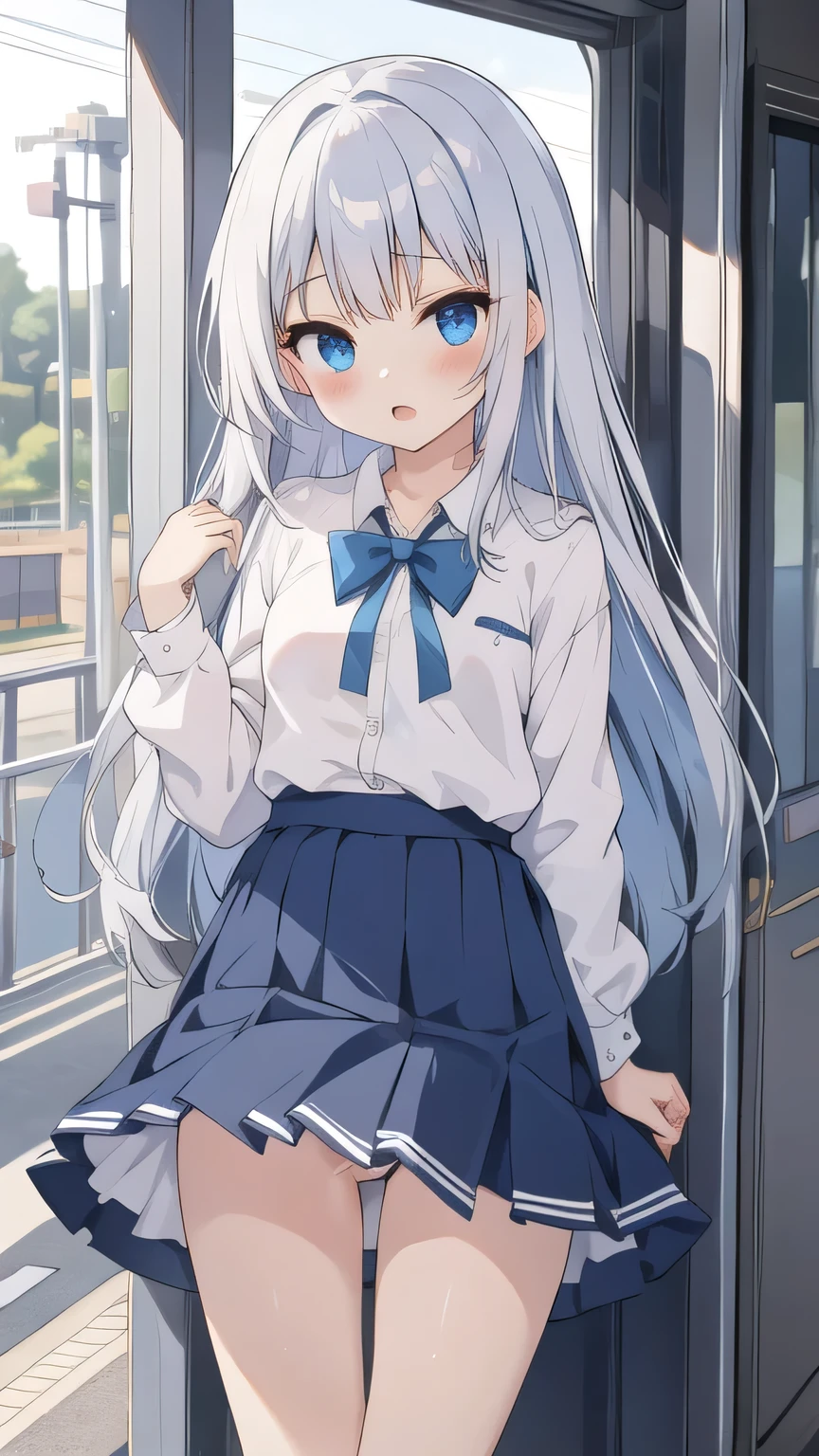 cute girl, anime, silver hair, straight hair, Blue eyes, cowboy shot, (orgasm:1.1), (young:1.4), small bust, (cute:1.1), blue hair ribbon, (ローアングル:1.3), open leg, spread leg, standing, white school uniform, (dark blue skirt:1.1), (sheer bra:0.8), (sheer pantie:0.9), outdoor, standing, (M-shaped spread legs:1.1), station, train