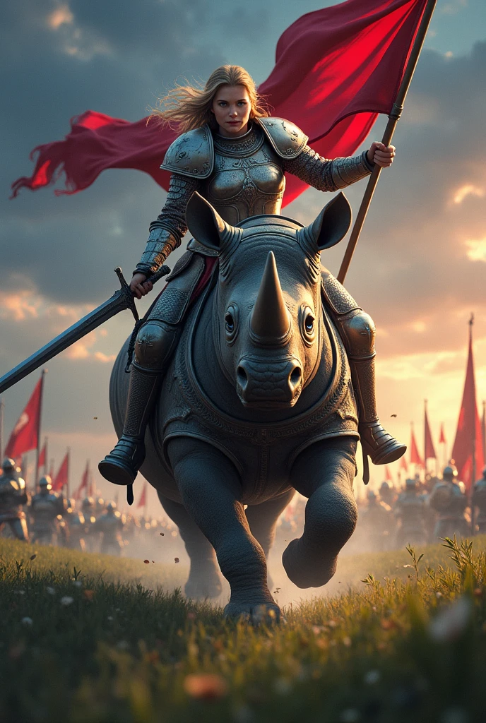 A fierce female medieval warrior astride a majestic rhino, charging through a lush, battle-torn landscape. The warrior, clad in gleaming plate armor adorned with intricate engravings, wields a gleaming broadsword in one hand and a crimson banner in the other, the fabric fluttering wildly in the wind. Her piercing blue eyes are focused on the horizon, a testament to her unyielding determination. The rhino, with its thick, armor-plated skin and an intimidating set of horns, exudes power and agility as it thunders across the field, sending shockwaves through the verdant grass. The creature's eyes are alight with intelligence and loyalty to its rider, its muscles rippling beneath a coat of armor that matches hers. Around them, the chaos of war unfolds—knights clashing with swords, archers firing arrows, and banners from various kingdoms flapping in the breeze. The sky above is a dramatic canvas of deep blues and purples, with the sun setting in the distance, casting a warm glow on the armored duo as they forge ahead. The scene is a harmonious blend of the fantastical and the historical, showcasing a moment of valor and unity in the heart of a tumultuous era.