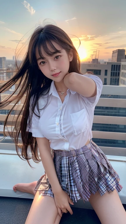 masterpiece,Highest quality,1 person,1,Cowboy Shot,Front view,Young and cute Japan,A small smile,Lunch break,((rooftop,Beautiful red blue sky)),((the wind is strong:1.5)),((long flowing hair:1.5)),((Skirt flip:1.5)),Schoolgirl uniform,Summer clothes,The uniform is made of thin fabric、wear,((Super mini check pattern pleated mini skirt:1.6)),No underwear,No pants,White blouse,Rolled up sleeves,(Nipples are visible through the fabric:1.1)、Very cute face,Baby Face,Shiny唇,Big eyes,Brown eyes,Double eyelids on both eyes,(Natural Makeup),Shiny, Smooth, Long light brown hair,Asymmetrical bangs,Center image,8k resolution,Attention to detail,Detailed hairstyle,Detailed face,Cinema Lighting,Octane Rendering,Ultra-realistic,Perfect limbs,Beautiful legs,Voluptuous thighs,Shapely breasts,(Glowing Skin,Sweaty:1.3),Perfect Anatomy,((Natural relaxed pose:1.3)),Professional photos