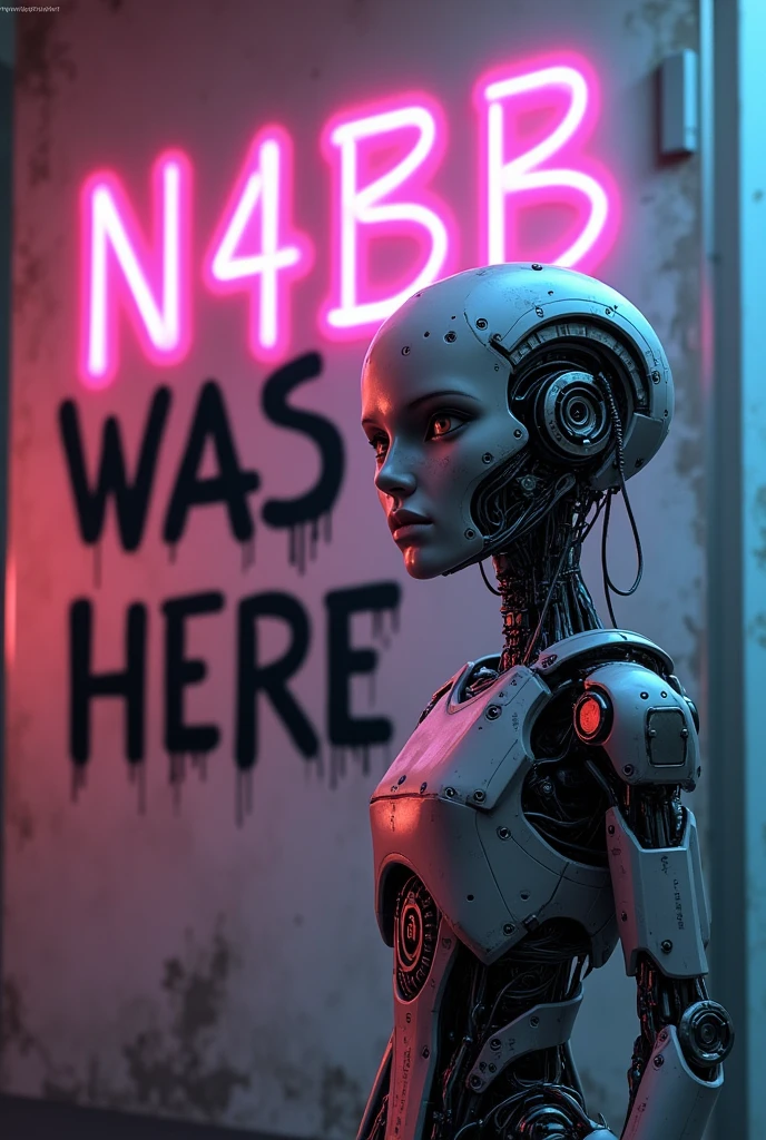 A humanoid robo boy. A quote “ N4B1B was here “ written in background capital letters.
Background quote more visible . The humanoid is in one side and the quote is in another. Neon lights