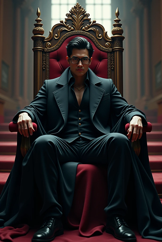 A dark king, Black hair, 4, good looking, sitting on his throne, high, wears glasses, slightly serious expression.