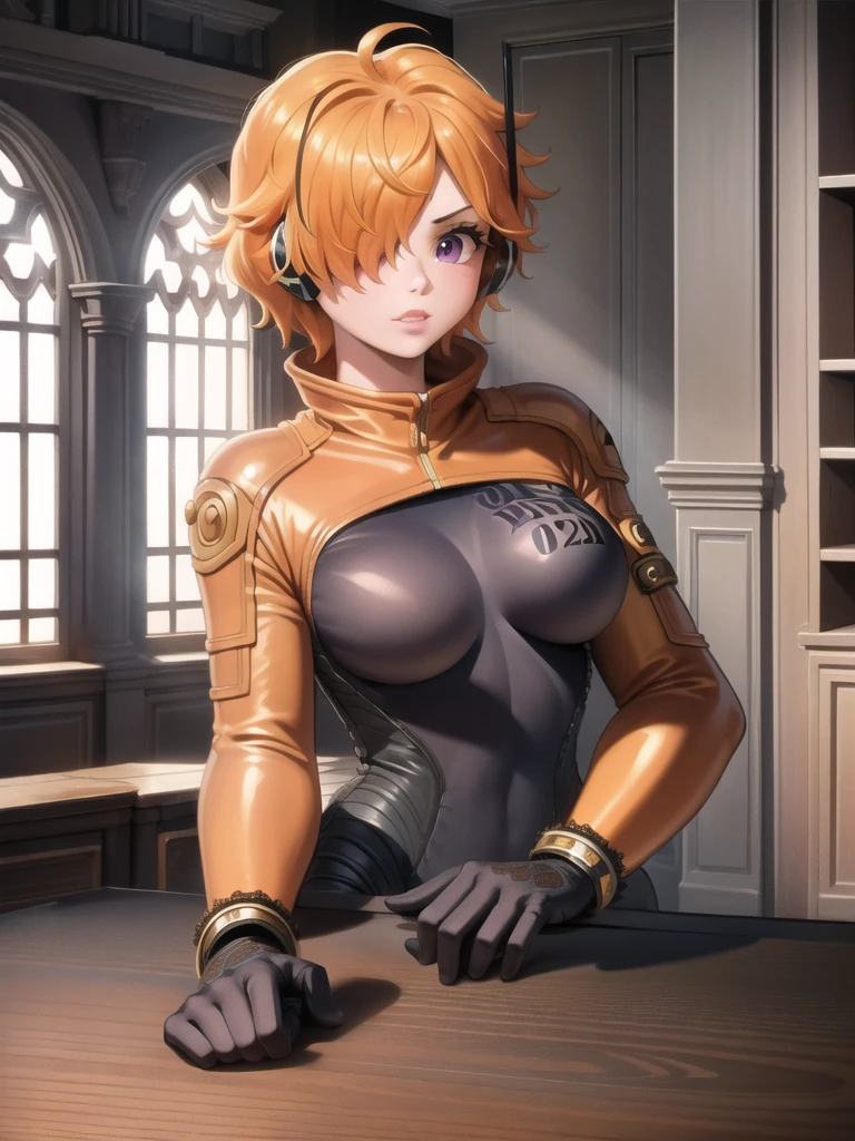 masterpiece, ((ultra detailed background, delicate pattern, intricate detail)), (highly detailed, fine details), best quality, beautiful lighting, ((medium breasts, slim girl)), 1girl, Lilith, (bangs covering one eye), ((light orange hair)), headphones, purple eyes, dark-blue jacket, ((pink bodysuit, full-body suit)), complex detailed background, inside, castle room environment, medieval castle, gray walls, window, bookshelf, (close-up, portrait),