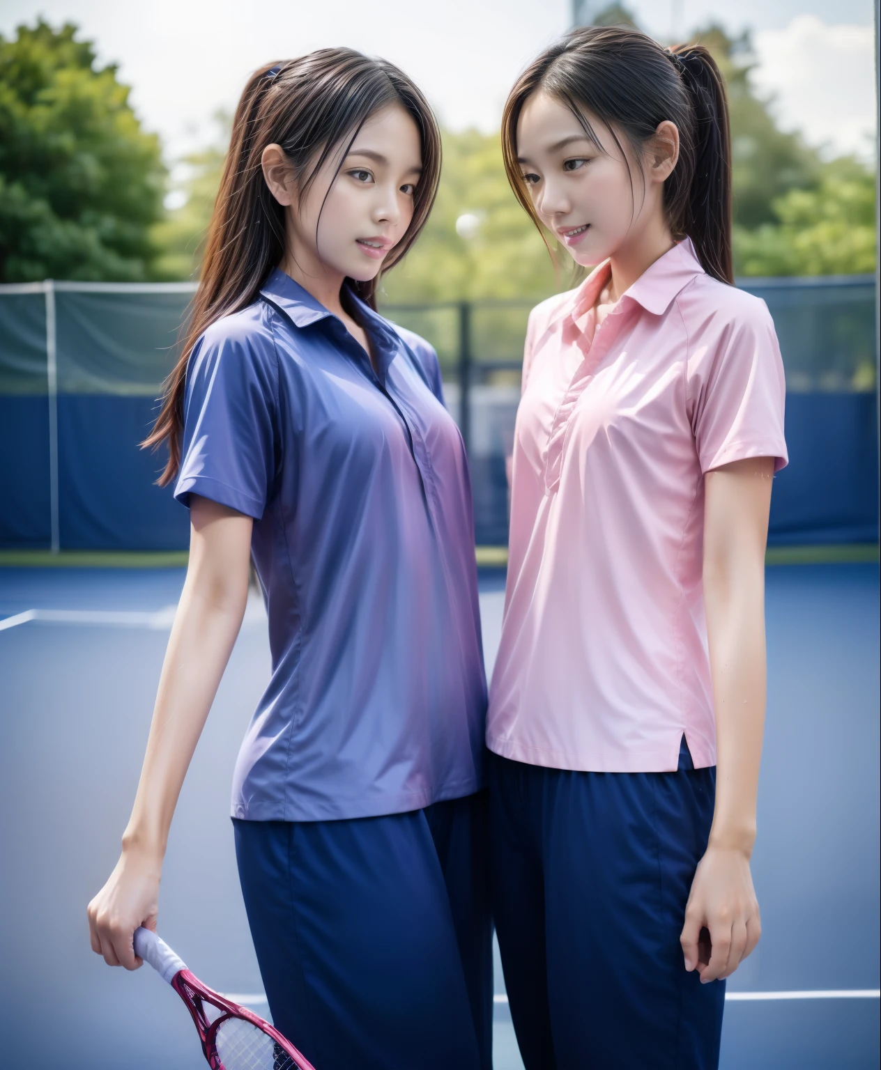 3 girls play tennis at tennis courts, Navy blue short-sleeved shirt,Navy Long Trackpant,Sweatpants, Sweatpantsขายาว,2 girl, lesbian, sexy, exercise clothes, wet body, exercise clothes