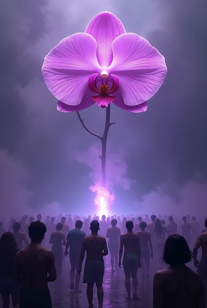 a dystopian scenario, magical and psychedelic, darker, more somber tones with people dancing wildly at a rave party, has lilac colors, cerulean, blackw, a lilac flame rising and a giant lilac orchid in the center