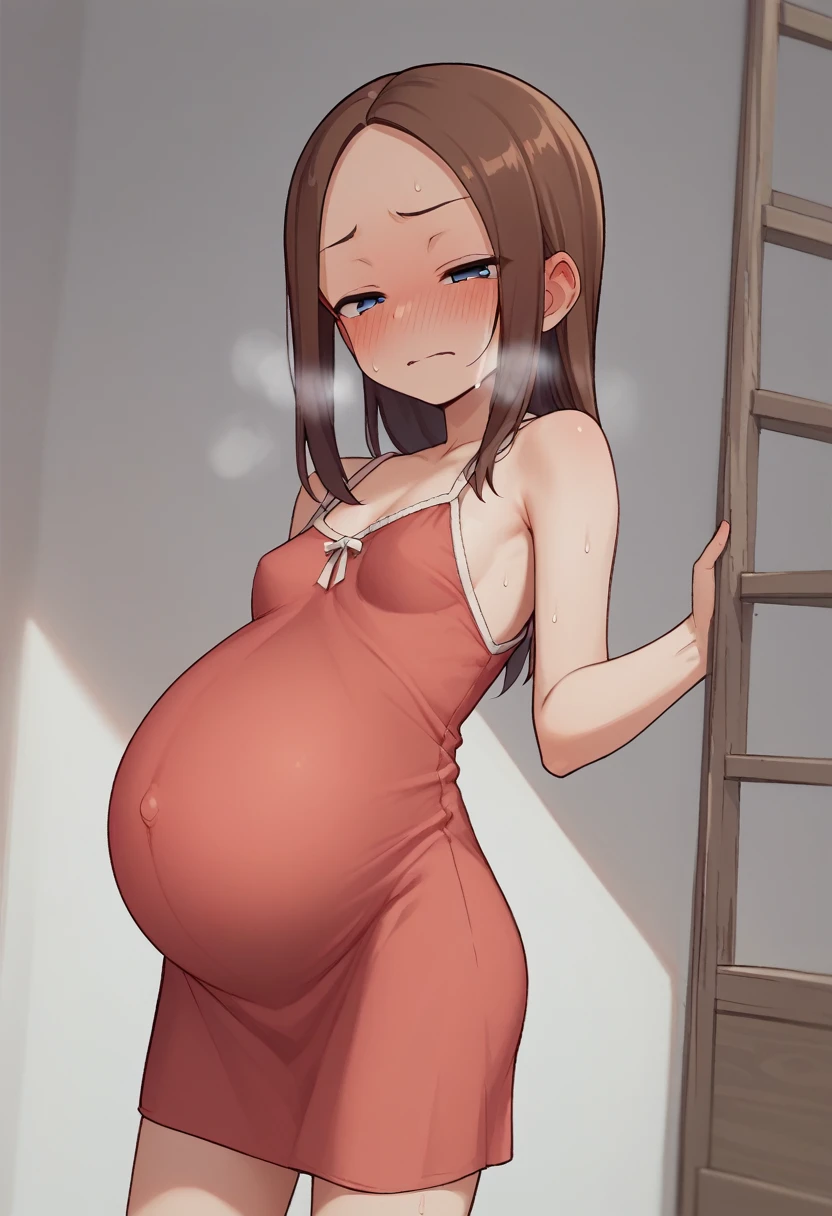 flat Breasts、blush、Sweat、In the heat、takagi-san,Pregnant women、Camisole long maxi dress、
{Highest quality}, {so beautiful}, {Very detailed}, {Best illustrations},Life、slim:1.5、Are standing、Mid-length dress、Half-closed eyes、Troubled face