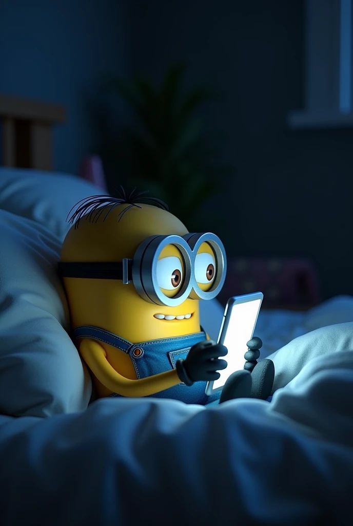 Minion awake lying down checking his cell phone with the lights off
