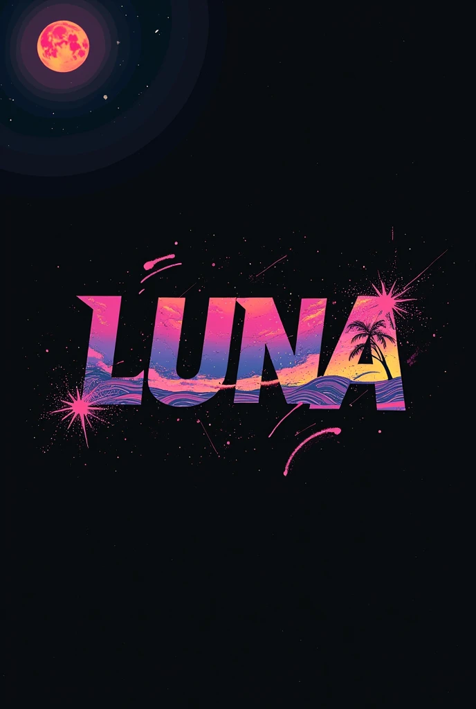 High resolution, logo spelling swiftly “Luna” cool, Jdm theme, anime theme, Cyberpunk vibe name spelling, brand logo, logo for tshirt, brand logo “LUNA”, neon vibes, acid trip vibes, acid trip, shooting stars, acid trip inside “LUNA”, acid trip, hallucinations inside “LUNA”, Waves of hallucinations, splash, waves of futuristic hallucinations, futuristic wave, stars in the background, red strange moon, waves of water and lone black trees,
