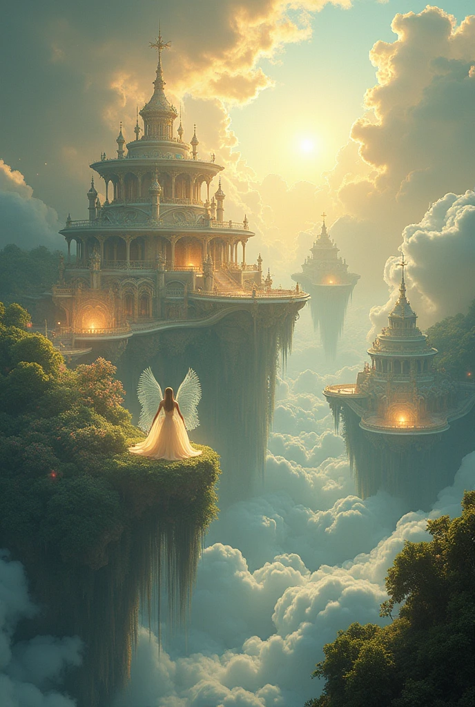 A huge and huge Arabic garden on the back of the clouds in the sky and lots of lights and lights and giant clouds white and gold.
High accuracy, Ultra-high-resolution display, Very detailed, luster, halo on head, color deviation, glowing light, Rays of God, A picture of bliss.
The fairy garden appears to have no end.