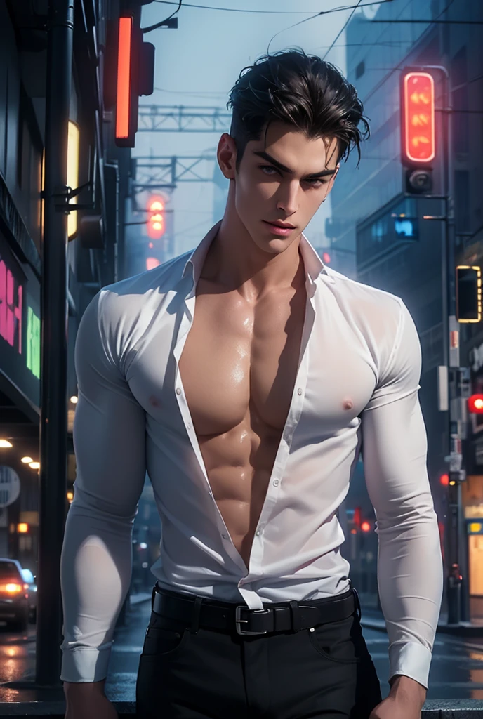 ((masterpiece)),((best quality)),((ultra high detailed)),((realistic,)), a tall handsome muscular young man, cyberpunk, solo, extremely detailed face and body, (shiny smooth skin), hot glow in his skin, perfect facial features, beautiful eyes, short hairstyle, sexy gaze, sexy expression, looking at the viewer romantically, open shirt, beautiful, gorgeous, wet, Futurist era city, architectural streets, futuristic train lines, buildings, night, European city, rainy, neon lights, sexy posture, 