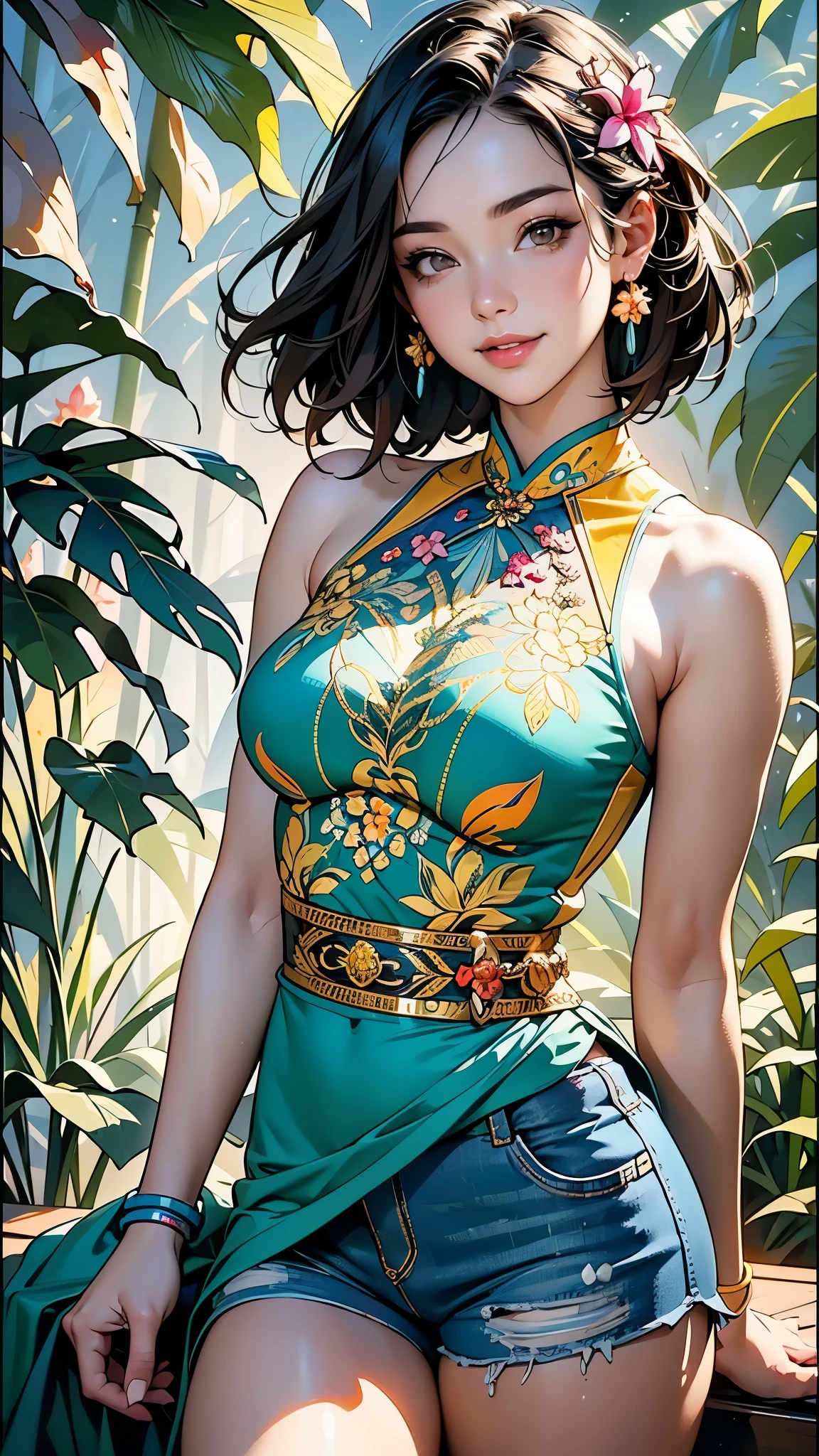 Vibrant art deco painting, upper body portrait. Thai woman wearing plumeria flower design t-shirt as and jean shorts, smiling, surrounded by lush tropical foliage. Splash art, early 20th century art nouveau. Delicate, intricately detailed plumeria flowers in her hair, multicolored locks flowing. Soft, warm volumetric lighting and misty atmospheric effects, with golden hour glow. Dynamic, triadic colors, orange and teal prominent, deep blues and purples in background. High contrast, hyper detailed textures, 8k resolution, Adam Hughes meets Alphonse Mucha, glowing ambient occlusion, Unreal Engine 5, Art Deco, maximalist, cinematic, detailed, meticulously crafted, ornate, intricate, excessive detail.