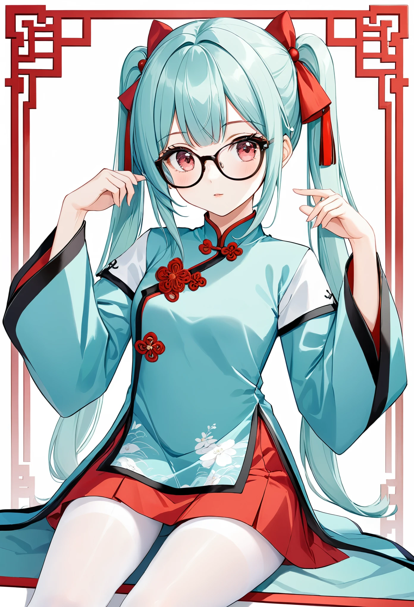 Zhezhi, twintails, multicolored hair, glasses, hair ribbon, chinese clothes, white pantyhose,