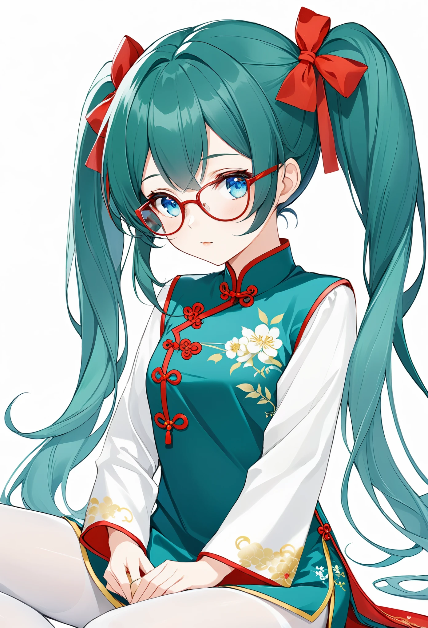 Zhezhi, twintails, multicolored hair, glasses, hair ribbon, chinese clothes, white pantyhose,