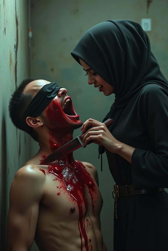 Realistic, A very beautiful Indonesia jilbab elegant graceful girl knife, cut throat A boy prisoner blindfold neck bloody splash, full body, wide open throat, throat contents, blood pooling in the mouth