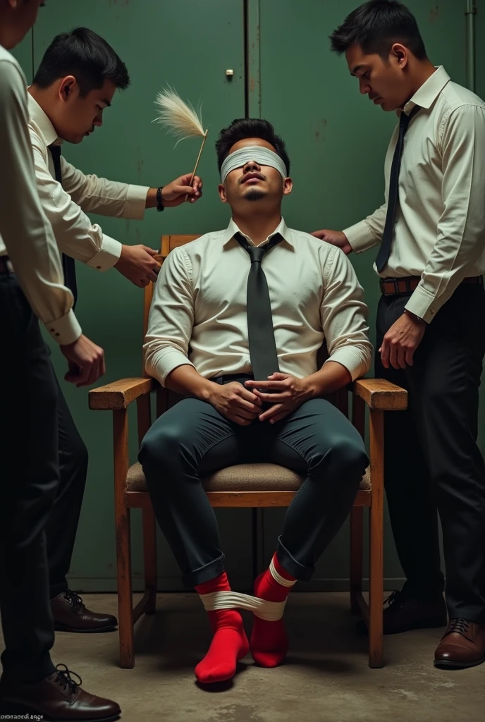 Malay handsome21years man, Red sock,focus feet,tied up on wooden chair,blindfolded,formal,kidnapped,feet tickled by hands,  mafia tickle his feet using feather duster,tickling,