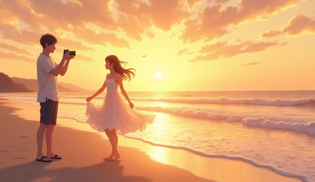 Girl in white dress dancing in the distance Boy holding camera standing near camera looking at girl Sunset at the beach Gentle wind