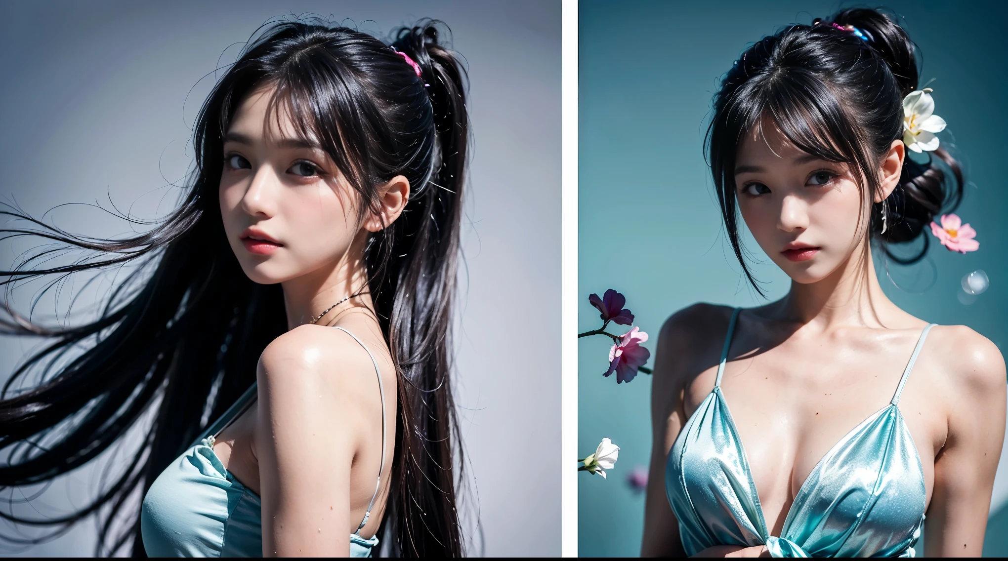 (masterpiece), (Highest quality), (Super detailed),(Dish-shaped hair),(figure), (One girl), (Fashionable clothes), Are standing, Fashion Model, View your viewers, (interview), (Simple Background), Beautiful attention to detail, delicate beauty, floating, (High saturation), (Colorful Splash), Colorful bubbles, (Shine), Focus on the face, ponytail, Ayaka Kamisato, Light blue hair, bangs, Scrunchie, floating flowers, Flowing Hair, (Shiny), Best lighting, Best Shadow, Perfect hands