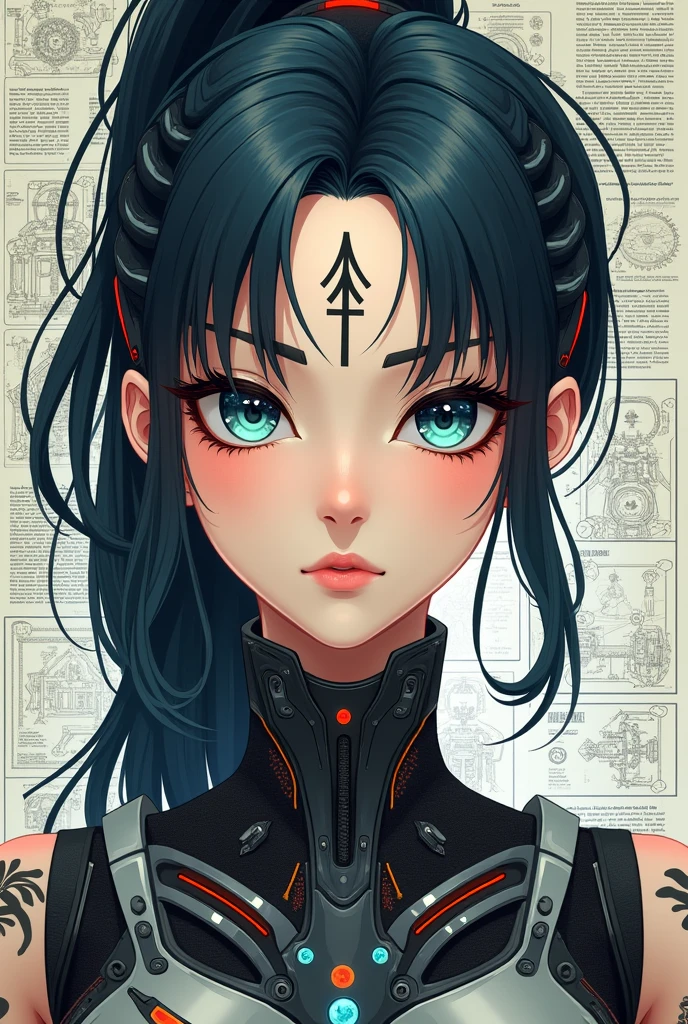 (((1 anime girl))), (((Tattoo in the middle of the forehead))), (((Great hair accessories))), ((Masterpiece:1.2)), ((Highest quality)), (Masterpiece, Top quality, Best quality, Official art, Beautiful and aesthetic:1.2)، (Masterpiece:1.2,Exceptional quality,mirror like,Cinematic experience,Realistic:2.0,Raw images:2.0,Very detailed),8 k,Wall paper,(Representing diagrams through three-dimensional graphics:2.0),(Pretty woman:2.0),female cyborg,(female cyborgの設計図:2.0),(front view drawing:2.0),(Avant-garde design:2.0),(draw detailed diagrams:2.0),(Several notes on settings:2.0),(Beautiful Face,beautiful eyes,beautiful hair)