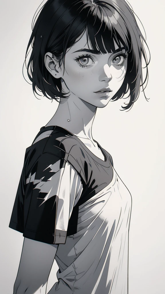 1 boyish girl, solo, sharp eyes, monochrome, greyscale, shoulder length black bangs hair, portrait, (blank white T-shirt), Thin eyebrows, closed mouth, looking at viewer, detailed lips, hatching \(texture\), without makeup, upper body, (best illustration), (best quality), (very detailed), (masterpiece), expressionless,