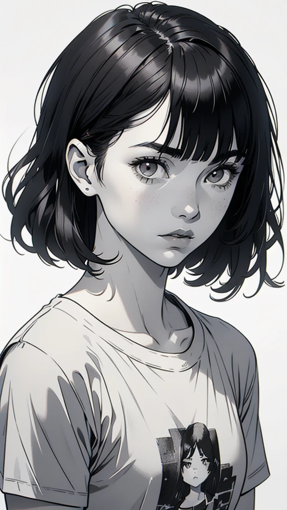 1 boyish girl, solo, sharp eyes, monochrome, greyscale, shoulder length black bangs hair, portrait, (blank white T-shirt), Thin eyebrows, closed mouth, looking at viewer, detailed lips, hatching \(texture\), without makeup, upper body, (best illustration), (best quality), (very detailed), (masterpiece), expressionless,