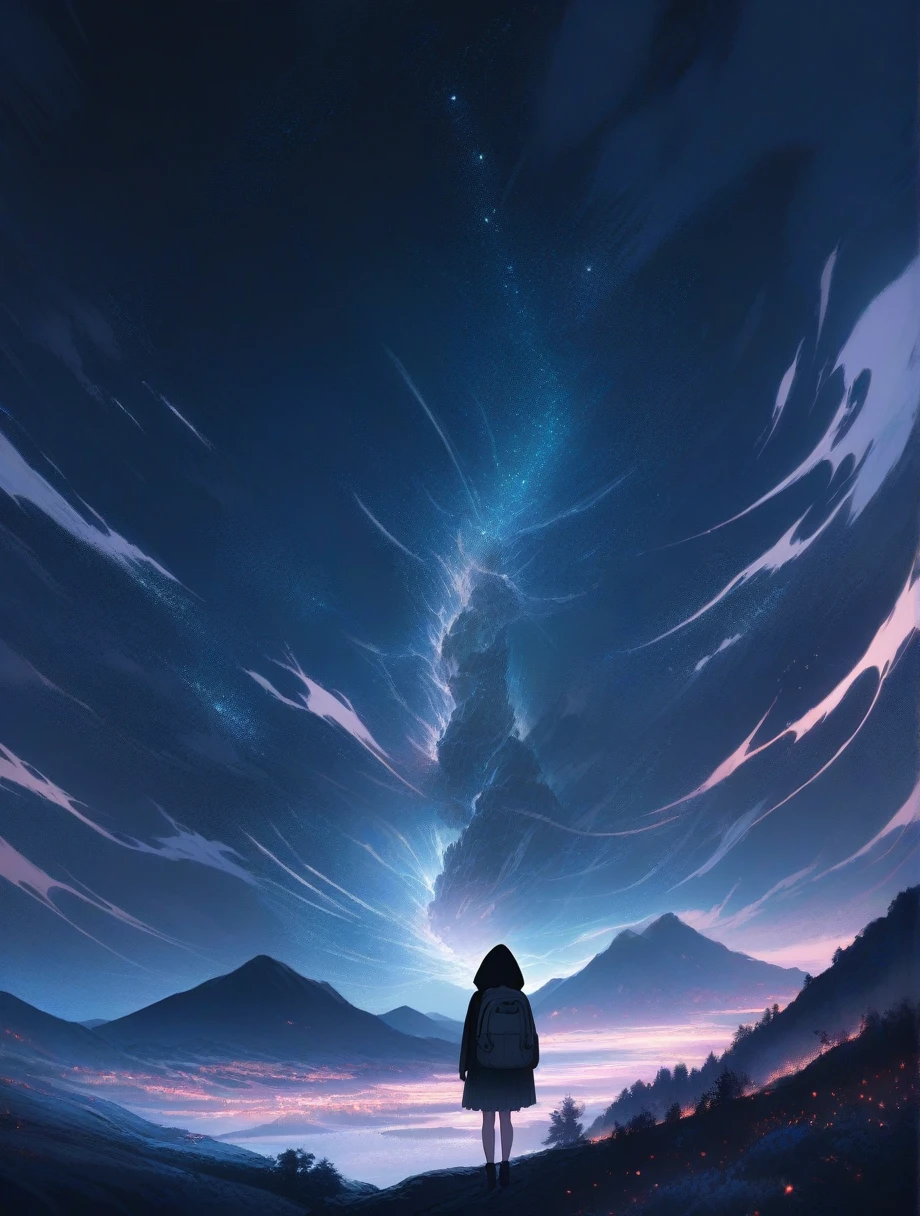 score_9, score_8_up, score_7_up, score_anime, masterpiece, top quality, delicate illustration, sharp lines, sharp focus, BREAK,Traveler girl wandering in the endless night world,girl wearing a hood,backpack full of stuff,night Otherworldly, Fantastic scenery, Beautiful landscape, Harmony with nature, Spectacular view, ((dark)), Scenery that no one has ever seen before