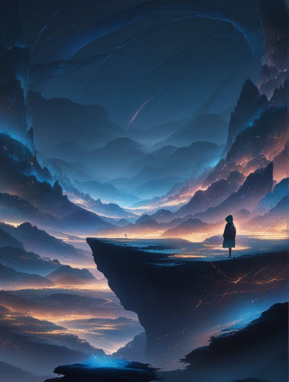 score_9, score_8_up, score_7_up, score_anime, masterpiece, top quality, delicate illustration, sharp lines, sharp focus, BREAK,Traveler girl wandering in the endless night world,girl wearing a hood,backpack full of stuff,night Otherworldly, Fantastic scenery, Beautiful landscape, Harmony with nature, Spectacular view, ((dark)), Scenery that no one has ever seen before