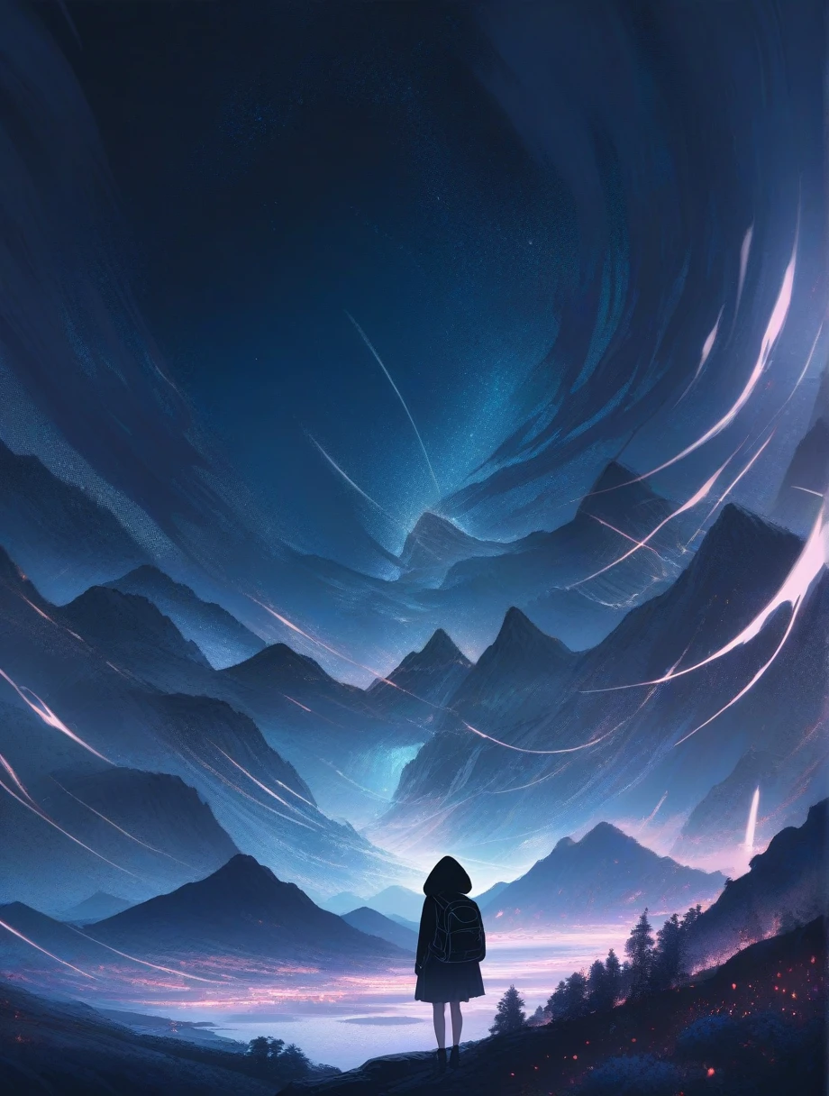 score_9, score_8_up, score_7_up, score_anime, masterpiece, top quality, delicate illustration, sharp lines, sharp focus, BREAK,Traveler girl wandering in the endless night world,girl wearing a hood,backpack full of stuff,night Otherworldly, Fantastic scenery, Beautiful landscape, Harmony with nature, Spectacular view, ((dark)), Scenery that no one has ever seen before