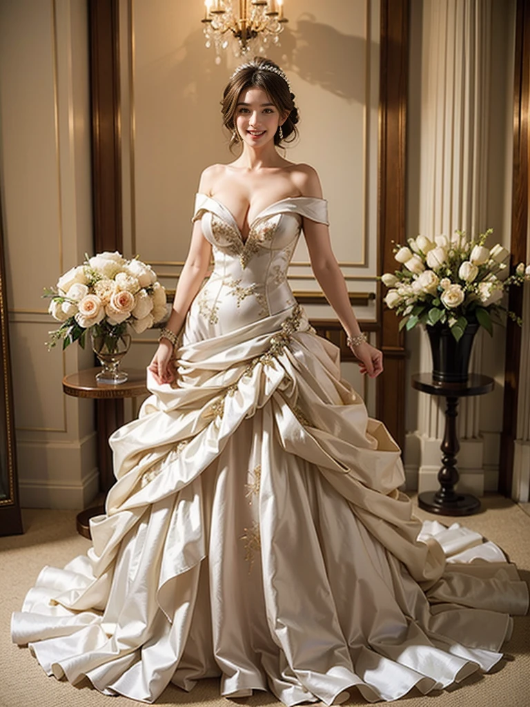 high quality full body off shoulder wedding dress anatomy solo:2 super big smile face:2 attractive mature lady proud of her abs burst into laughter beautiful décolleté big cleavage beautiful clavicle looking at viewer