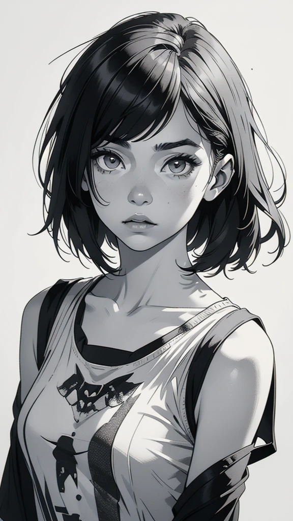 1 boyish girl, solo, sharp eyes, monochrome, greyscale, shoulder length black bangs hair, portrait, (blank white T-shirt), Thin eyebrows, closed mouth, looking at viewer, detailed lips, hatching \(texture\), without makeup, upper body, (best illustration), (best quality), (very detailed), (masterpiece), expressionless,