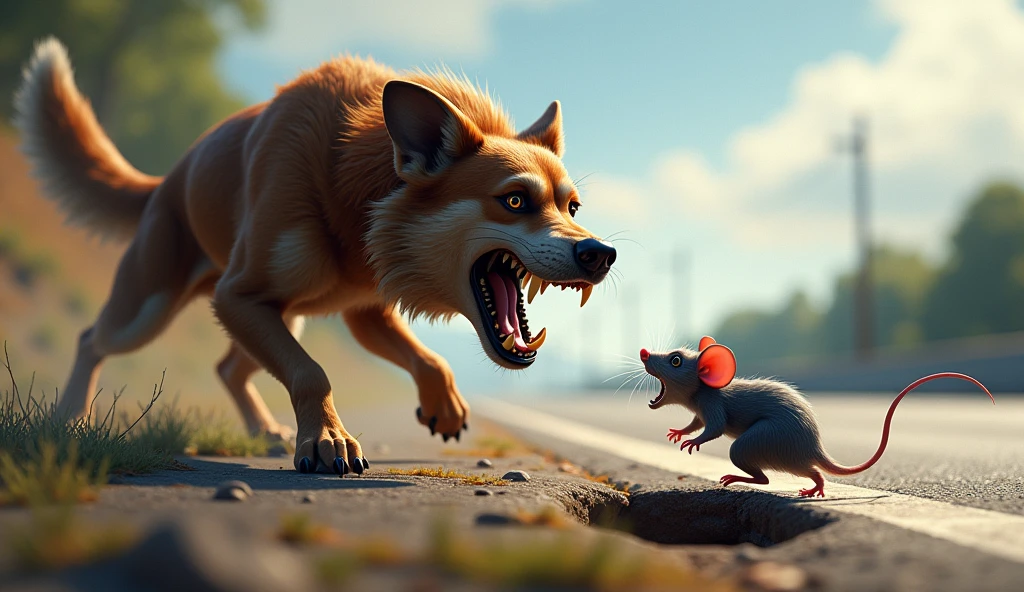 A dangerous dog was in front of the rat, who growled on seeing him. The rat ran away with all its might and entered a hole located on the side of the highway.