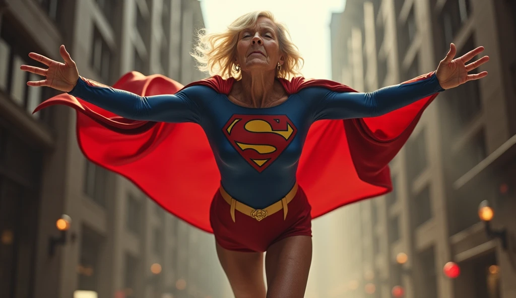 Old Supergirl Julie Hagerty(((very beautiful old Supergirl (((1984s Supergirl movie costume))); Julie Hagerty))) Super old woman Julie Hagerty; full body view; full body; stretched in the air, confident, powerful, indestructible, attractive, impedindo assaltantes de banco.
