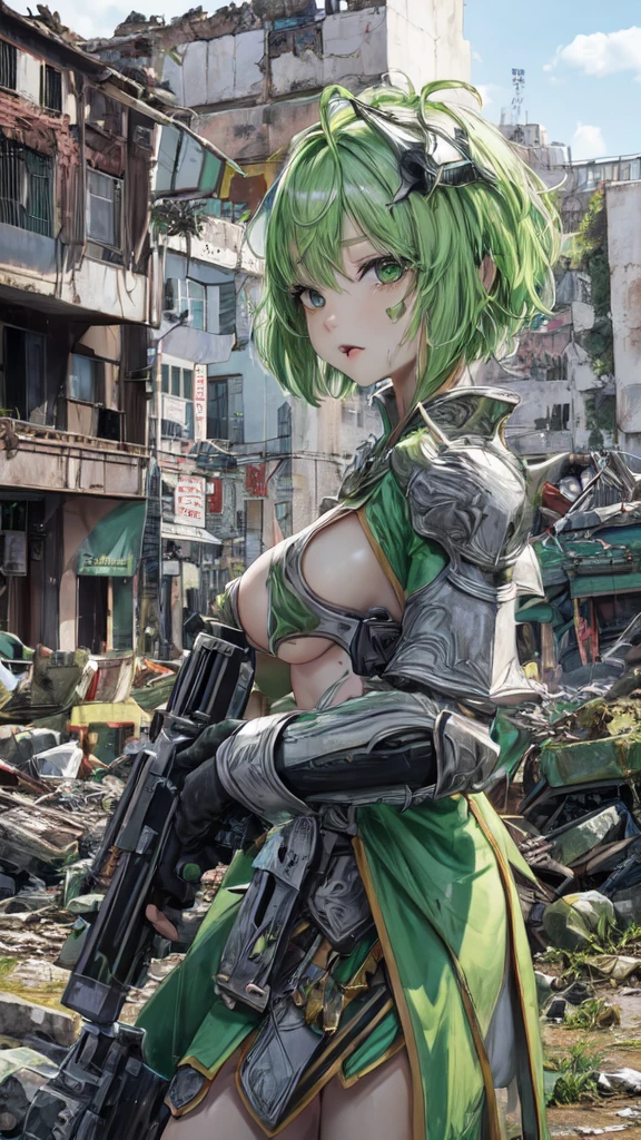 White women, Short green hair,Thai people, fit, Dressed in a full set of green warrior armor.,Holding a large laser gun,In the ruined city, stick out your tongue, C cup breasts, high resolution, 