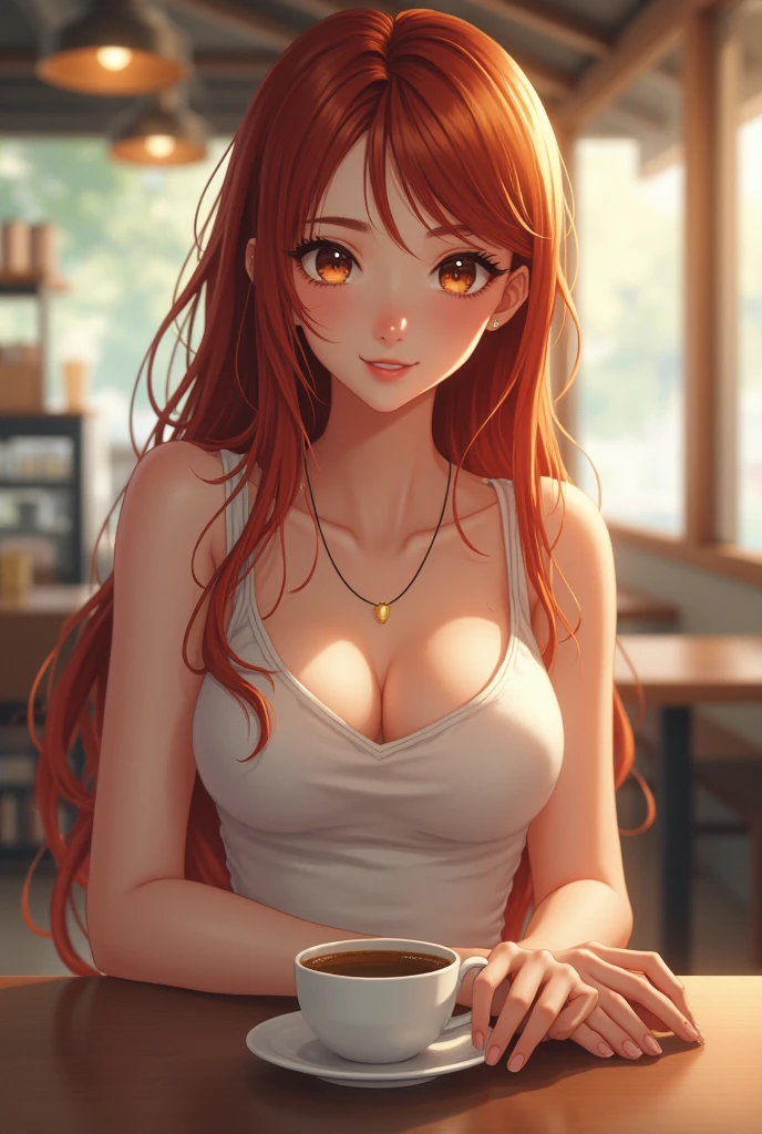 （Realistic， High resolution：1.3）， 1 Asian teenage girl with a well-proportioned body， Beautiful face and very detailed eyes.，reddish brown hair，happy face , Light colored tank top, light fabric：1.2， Jeans shorts， in the coffee shop， Coffee on the table， Medium nipples，revealing breasts