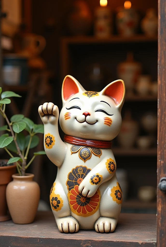 Cute Japanese beckoning cat pottery、Big head、Old antique shop
