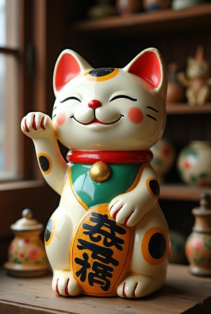 Cute Japanese beckoning cat pottery、Big head、Old antique shop