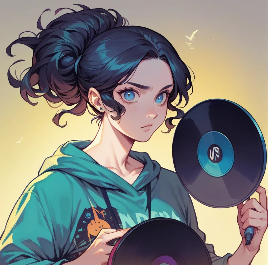A 3 woman,With dark hair, blue eyes. Holding a vinyl record, La portada, not the disc itself. The cover is completely white with no text or anything.. hyper realistic, cinematic
