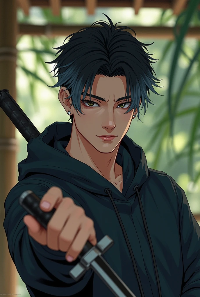 A chinese handsome man. Black and grey eyes. Black and grey bicolor hair. Short Messy hair. Long lashes. Anime. Chinese Hoodsweater. Beautiful facial features. Holding a katana in a bamboo cabana. Red liner. Ready to attack. Haircut 