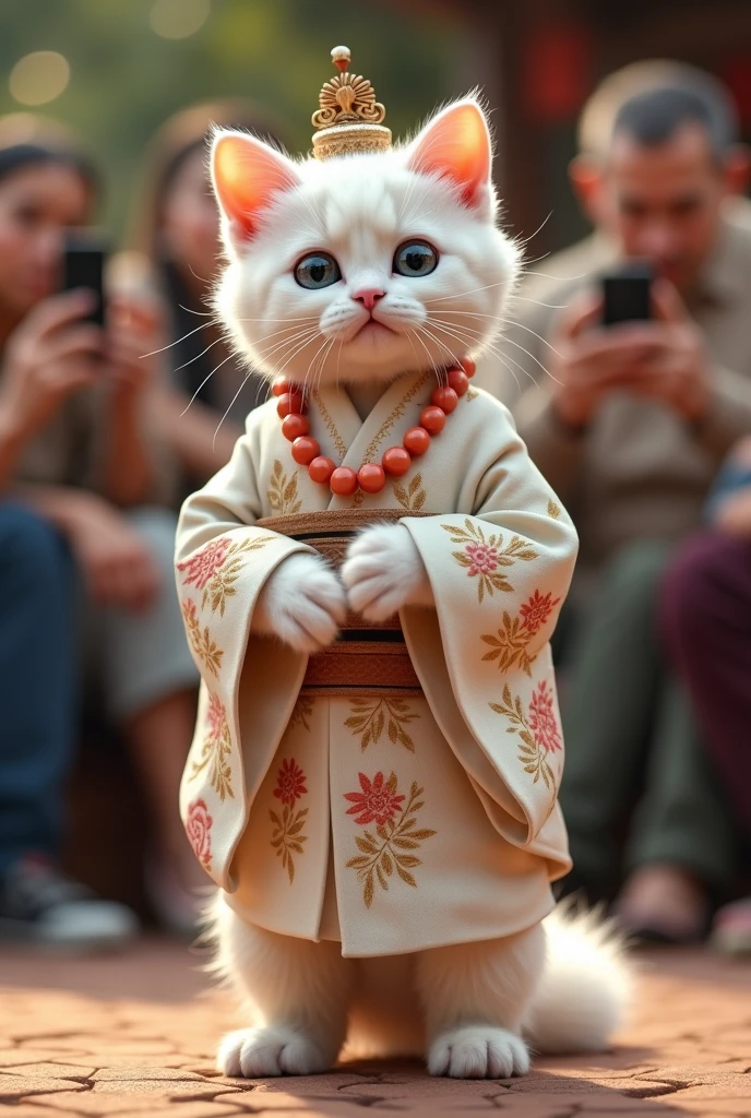 A white kitten walks elegantly on two legs, dressed in a traditional japnes groom's agbada with intricate embroidery and matching coral bead jewelry. He wears a fila (hat) on his head, and his fur is perfectly groomed. The audience is thrilled, taking countless pictures of this cultural groom look."