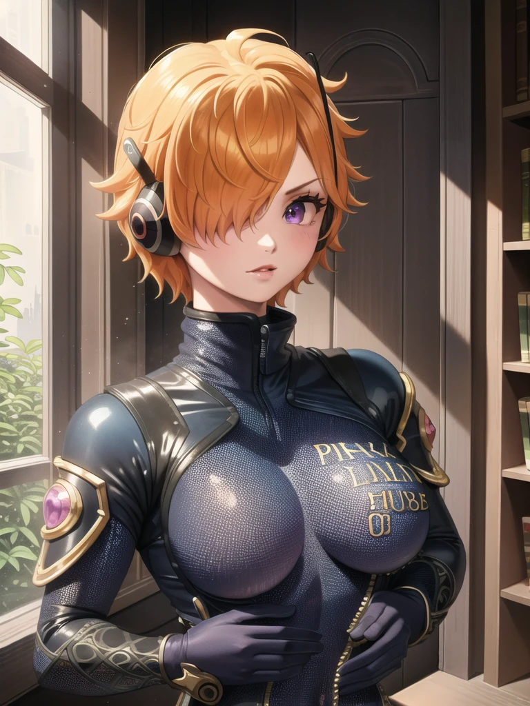 masterpiece, ((ultra detailed background, delicate pattern, intricate detail)), (highly detailed, fine details), best quality, beautiful lighting, ((medium breasts, slim girl)), 1girl, Lilith, (bangs covering one eye), ((light orange hair)), headphones, purple eyes, dark-blue jacket, ((pink color bodysuit, full-body suit)), complex detailed background, inside, castle room environment, medieval castle, gray walls, window, bookshelf, (close-up, portrait),