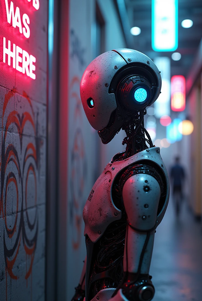 A humanoid robo boy. A quote  “ N4B1B was here “ written in background capital letters. 
Background quote more visible . The humanoid is in one side and the quote is in another. Neon lights

