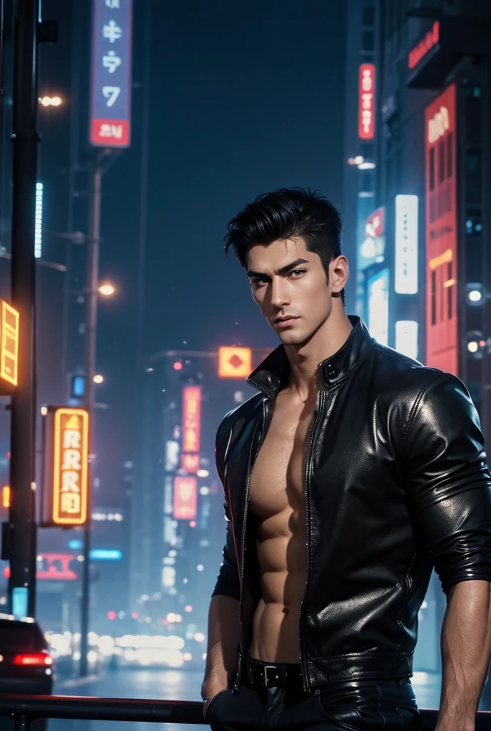 ((masterpiece)),((best quality)),((ultra high detailed)),((realistic,)), a tall handsome muscular young man, cyberpunk, solo, extremely detailed face and body, (shiny smooth skin), hot glow in his skin, perfect facial features, beautiful eyes, short hairstyle, sexy gaze, sexy expression, looking at the viewer romantically, open shirt, beautiful, gorgeous, wet, Futurist era city, architectural streets, futuristic train lines, buildings, night, European city, rainy, neon lights, sexy posture,