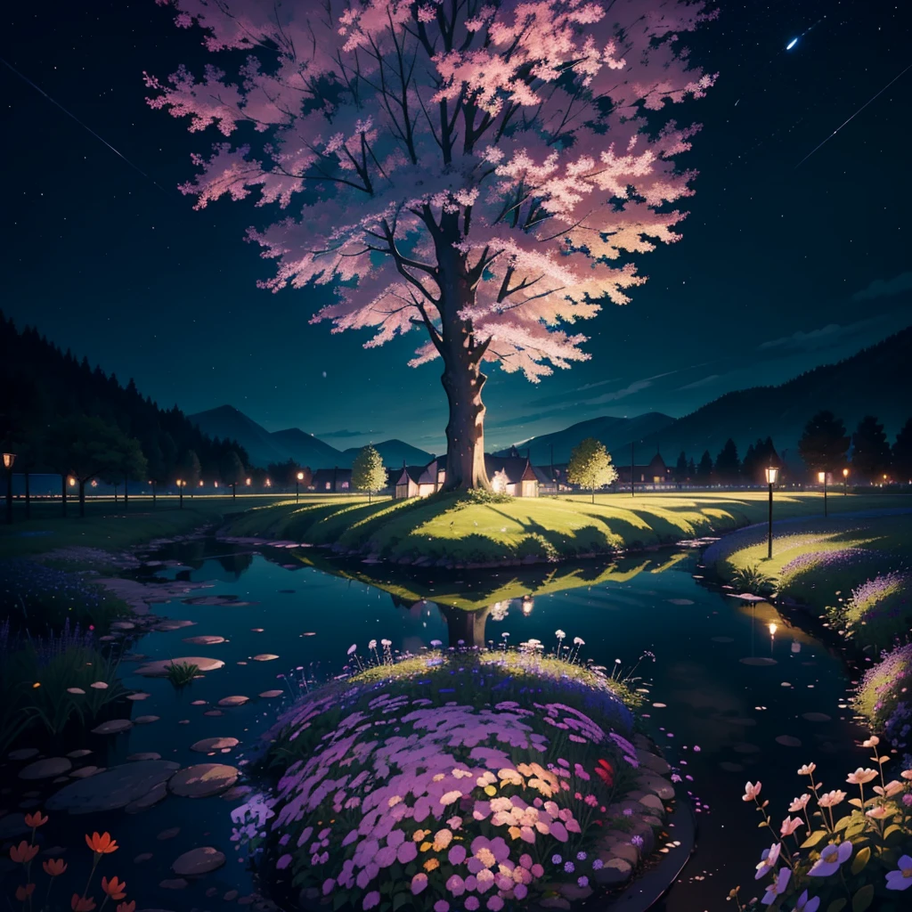 Photographie de paysage expansif , (une vue d'en bas qui montre le ciel au-dessus et le champ ouvert en dessous), une fille en lingerie string debout sur un champ de fleurs levant les yeux, (pleine lune:1.2), ( étoiles filantes:0.9), (nébuleuse:1.3), Montagne lointaine, Art de production de bris d'arbres, (Source de lumière chaude:1.2), (luciole:1.2), lampe, beaucoup de violet et d'orange, détails complexes, Éclairage volumétrique BREAK (chef-d'œuvre:1.2), (Meilleure qualité), 8k, ultra-détaillé, (composition dynamique:1.4), très détaillé, Détails colorés,( couleurs irisées:1.2), (éclairage lumineux, éclairage d'ambiance), rêveur, magique, (seulement:1.2)