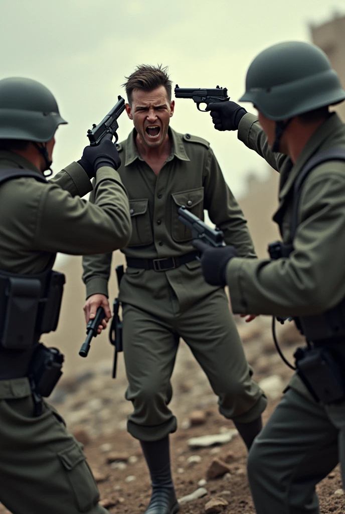 A single soldier who is furious because two soldiers are holding him in fear with their guns between them. Need 16×9 IMAGE and two soldier hold guns on head of single soldier