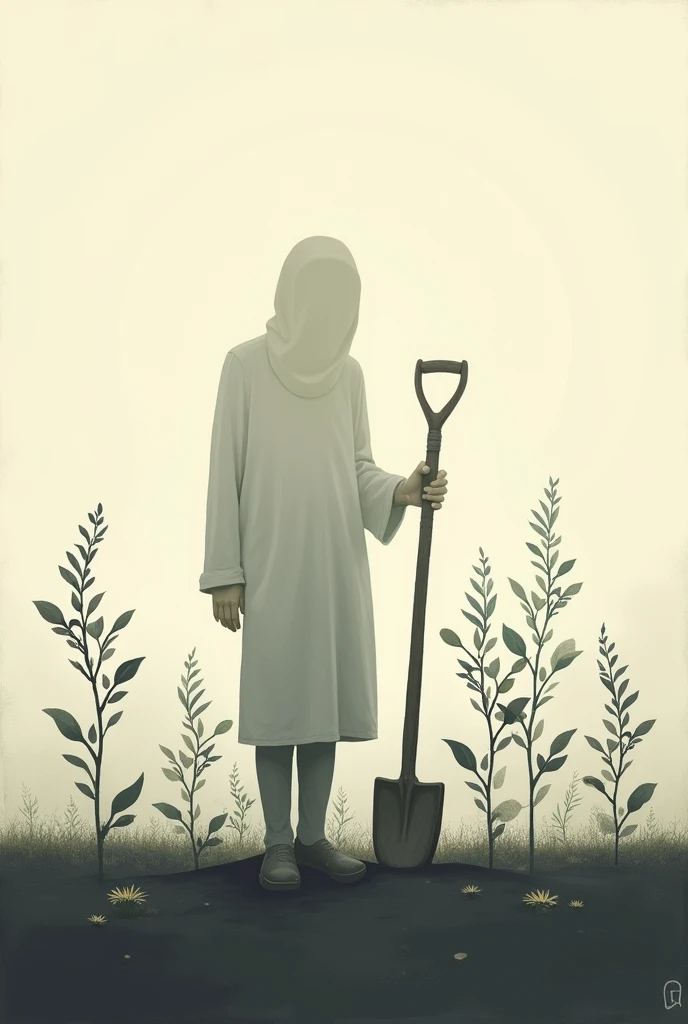 Colorless painting with the theme of planting trees and holding a hoe.
