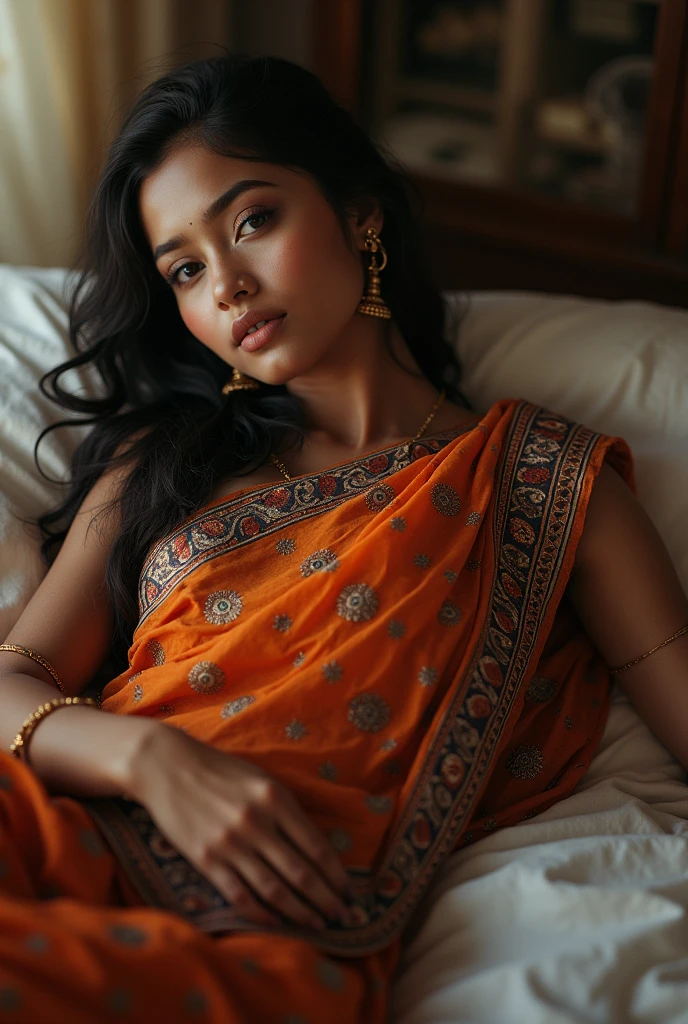 Indian tribal girl with a Protruding jawline face in a saree lying on the bed , her navel exposed